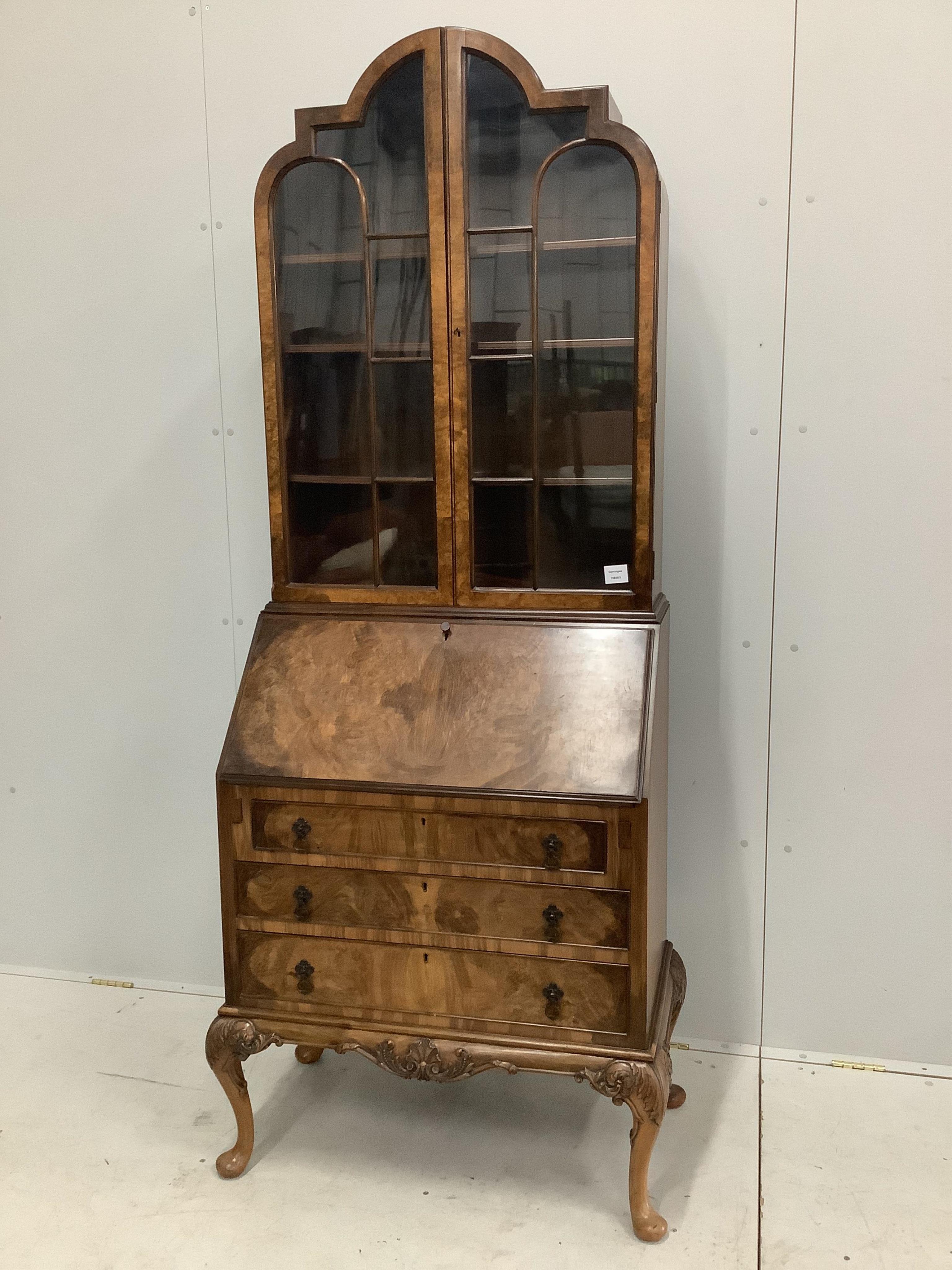 A Queen Anne Revival walnut and simulated walnut bureau bookcase, width 75cm, depth 48cm, height 200cm. Condition - fair